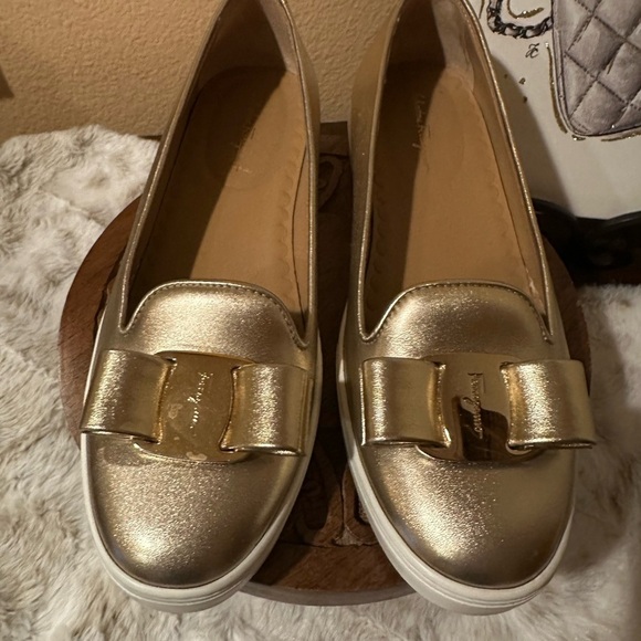 Salvatore Ferragamo Shoes - Salvatore Ferragamo Gold Slip On Sneakers Size 7